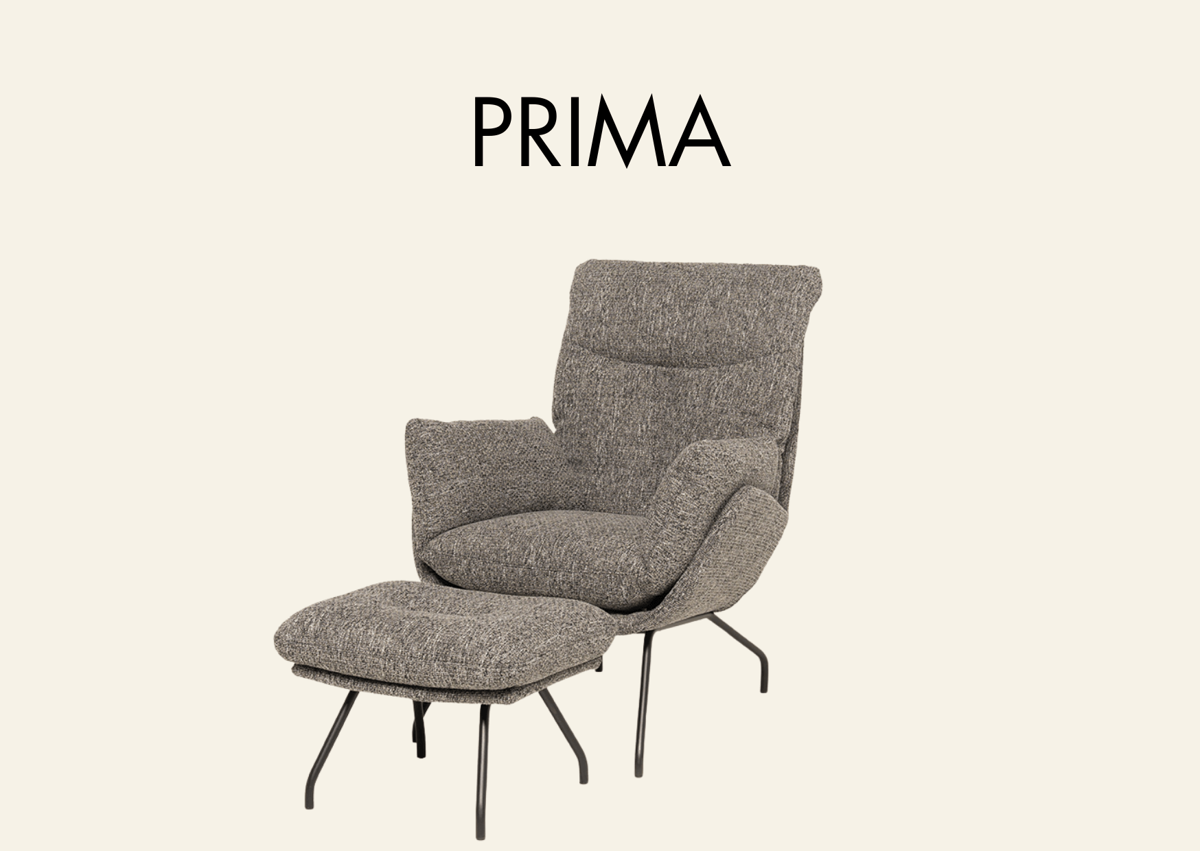 Polstersessel in grau mit Aufschrift "Prima"